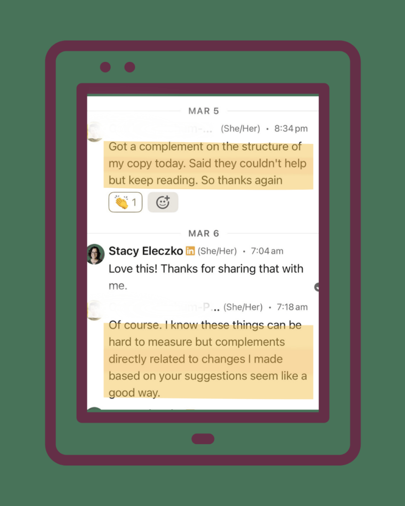 LinkedIn message from a client thanking Stacy Eleczko after receiving a compliment on her copy structure following Stacy's website audit suggestions.