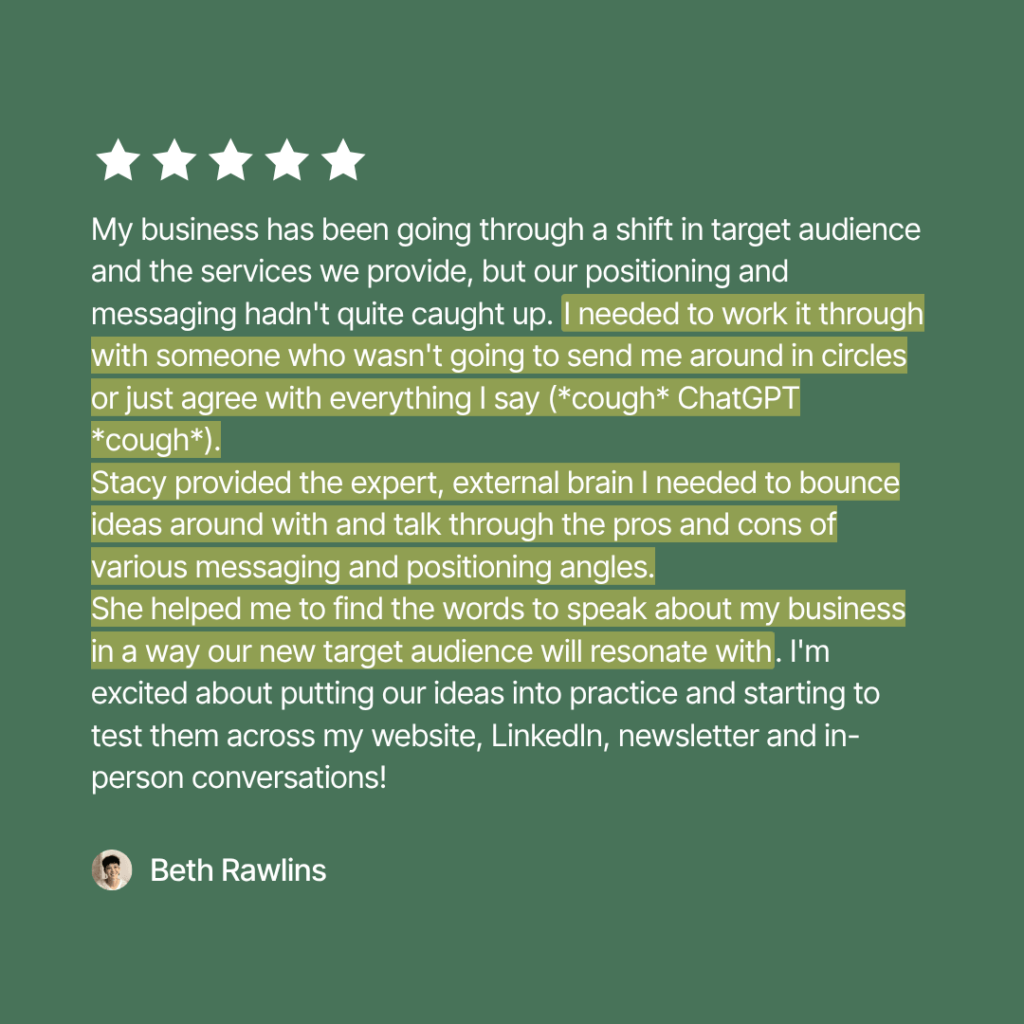 Five-star testimonial from Beth Rawlins about working with Stacy Eleczko on positioning and messaging during a target audience shift.