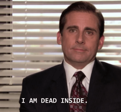 Michael Scott from The Office looking defeated with the caption "I'm dead inside" representing the feeling when a client redirects your project budget elsewhere