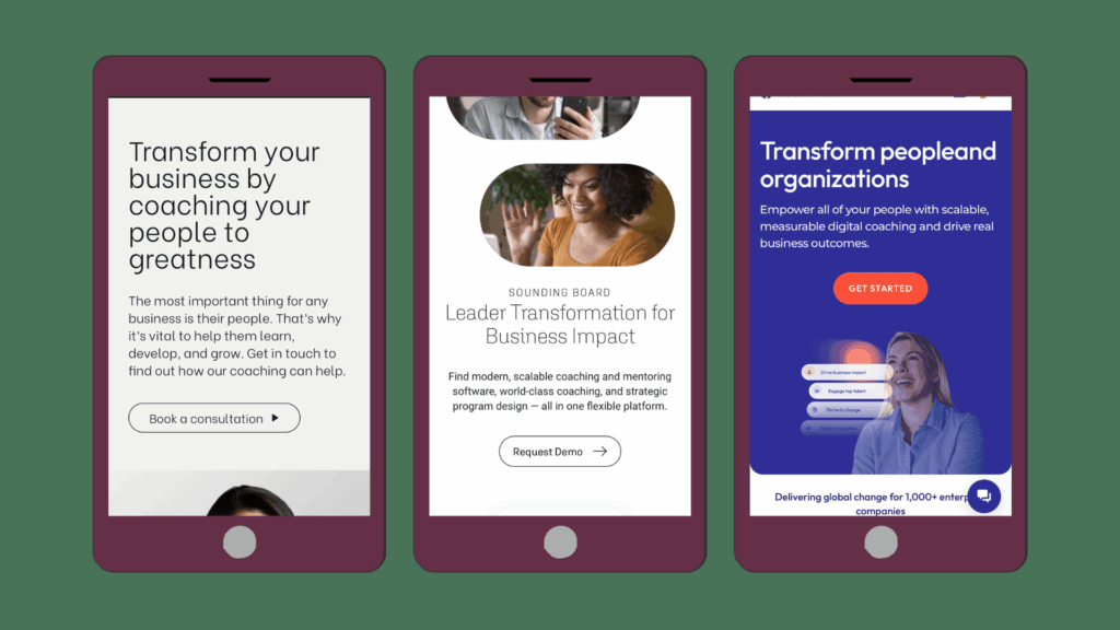 Three mobile phone mockups displaying executive coaching website homepages side by side. All three sites use nearly identical transformation-focused messaging with minimal differentiation between offerings.