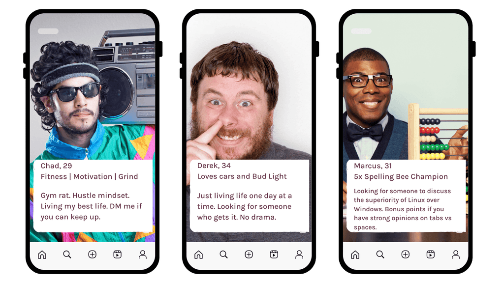 Three exaggerated dating app profiles on phone screens. Chad, 29, fitness-and-hustle themed with a boombox photo. Derek, 34, 'loves cars and Bud Light' with an unflattering close-up. Marcus, 31, '5x Spelling Bee Champion' in glasses and a bow tie next to an abacus. The off-putting profiles illustrate the kind of first impression that gets an instant swipe left